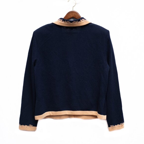 VTG St. John Santana Knit Blazer 14 Navy Blue Beige Trim Gold Buttons Cardigan - Picture 4 of 6